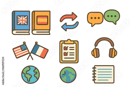 Bilingual Dictionary Icons. Flat vector mini-illustrations bilingual dictionary in colors children's illustrations: two books,
