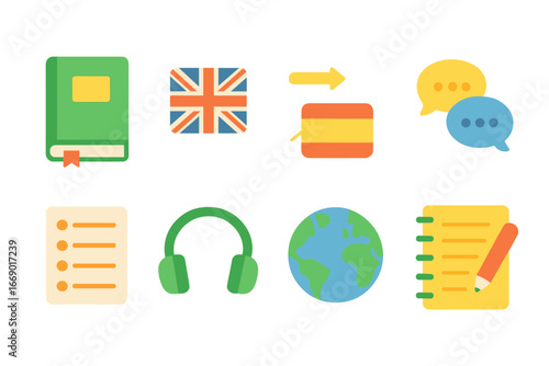 Bilingual Dictionary Icons. Flat vector mini-illustrations bilingual dictionary in colors children's illustrations: two books,