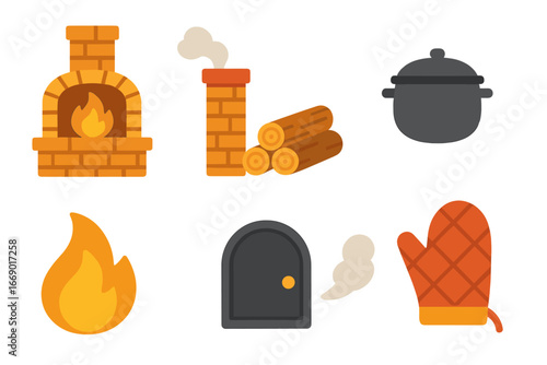 Brick Oven Icons. Flat vector mini-illustrations brick oven and fireplace in colors children's illustrations: brick oven, chimney,