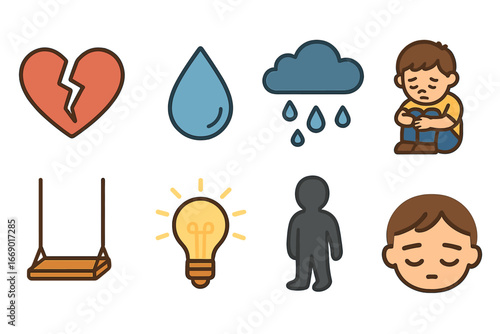 Bullying's Impact Icons. Flat vector mini-illustrations bullying consequences in colors children's illustrations: broken heart,