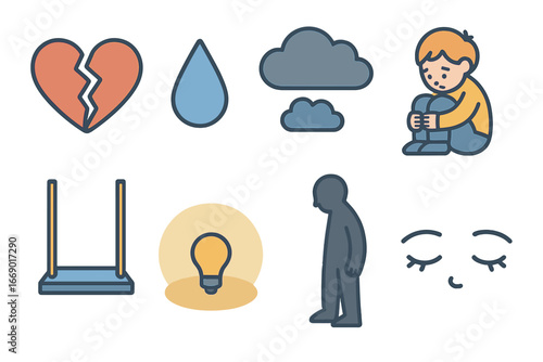 Bullying's Impact Icons. Flat vector mini-illustrations bullying consequences in colors children's illustrations: broken heart,