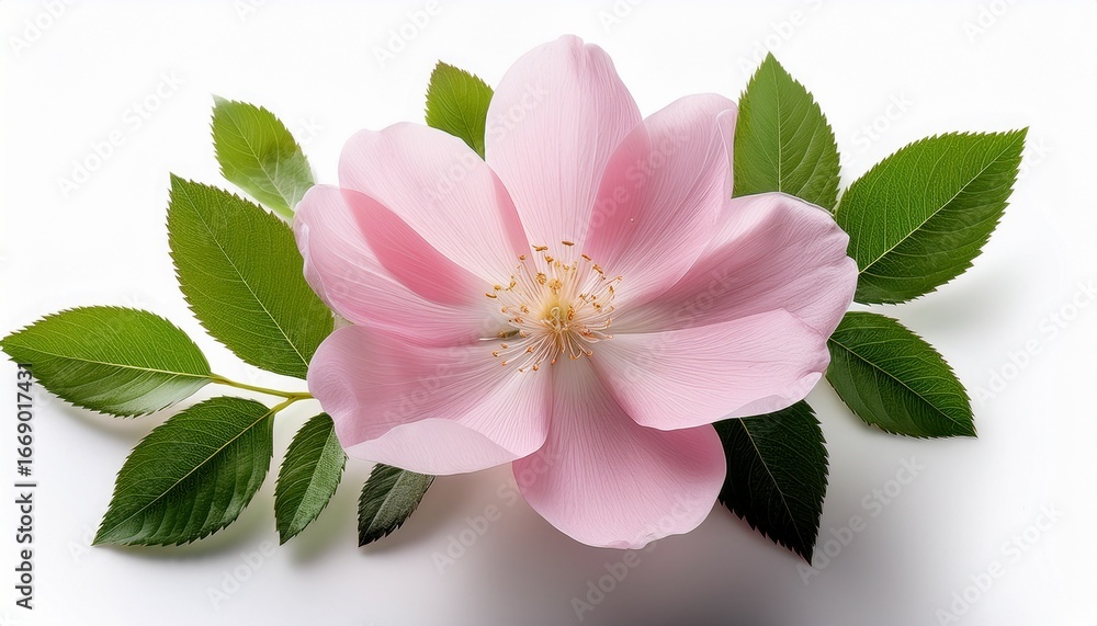 Obraz premium a beautiful pink flower with delicate petals and green leaves isolated on a white background perfect for floral arrangements or decorative purposes