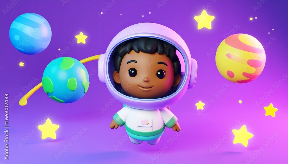 Naklejka premium A 3D cartoon astronaut child floating in space with a shiny round helmet, surrounded 