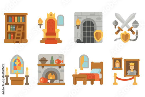 Castle Room Icons. Flat vector mini-illustrations castle rooms in colors children's illustrations: library, throne room, dungeon,