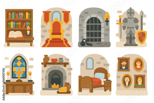 Castle Room Icons. Flat vector mini-illustrations castle rooms in colors children's illustrations: library, throne room, dungeon,