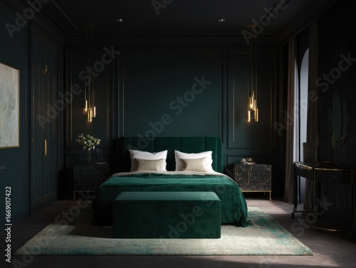 A luxurious, dark green bed...