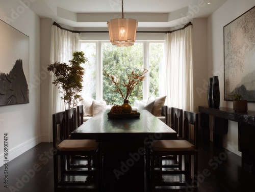 A spacious, sun-drenched dining room boasts a long dark wooden table, elegant white drapes, and artwork of muted tones, setting a serene and sophisticated ambiance.