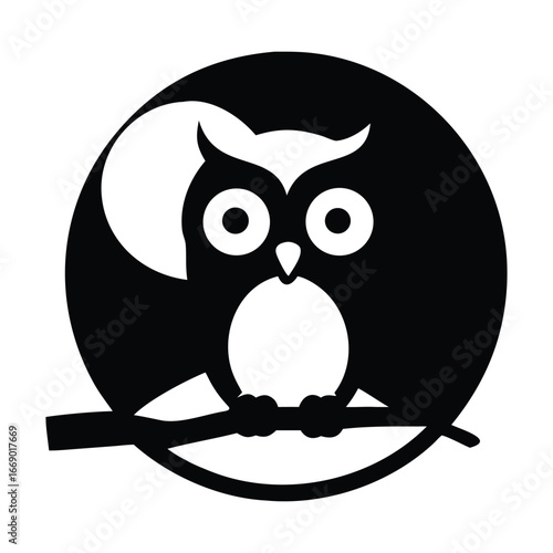 Charming silhouette of an owl perched on a branch under a crescent moon symbolizing wisdom and nighttime enchantment