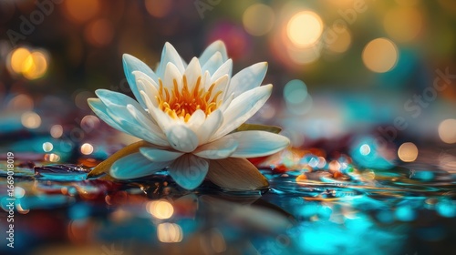 Beautiful water lily blooms on a tranquil pond during sunset