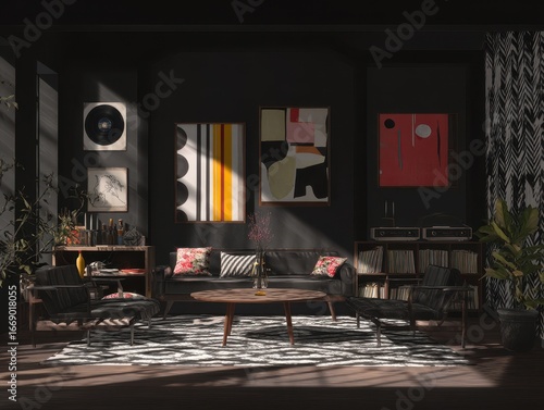 A dimly lit living room, ba...