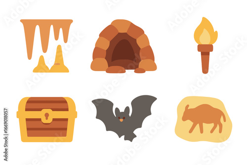 Cave Adventure Icons. Flat vector mini-illustrations cave in colors children's illustrations: stalactites, stalagmites, cave