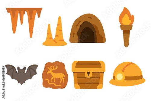 Cave Adventure Icons. Flat vector mini-illustrations cave in colors children's illustrations: stalactites, stalagmites, cave