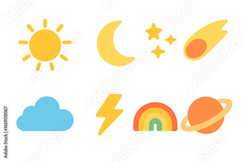 Celestial Icons Grid. Flat vector mini-illustrations logo celestial bodies in colors children's illustrations: sun icon, moon