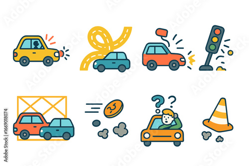 Chaotic Traffic Icons. Flat vector mini-illustrations chaotic traffic in colors children's illustrations: honking cars, tangled