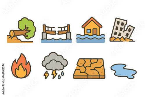 Child's View of Disasters. Flat vector mini-illustrations tragic events in colors children's illustrations: fallen tree, broken