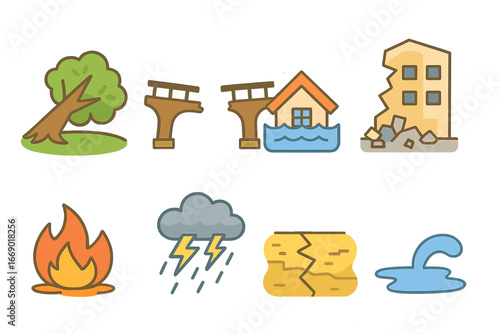 Child's View of Disasters. Flat vector mini-illustrations tragic events in colors children's illustrations: fallen tree, broken