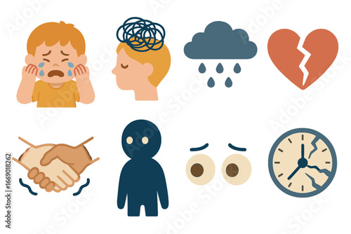 Childhood Emotional Icons. Flat vector mini-illustrations mental breakdown in colors children's illustrations: crying child,