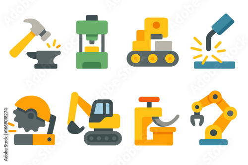 Childlike Industrial Icons. Flat vector mini-illustrations clang in industrial sounds in colors children's illustrations: factory