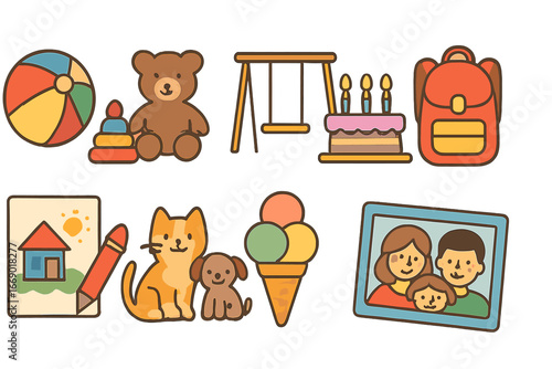 Childhood Memories Icons. Flat vector mini-illustrations childhood memoir in colors children's illustrations: toys, swing,