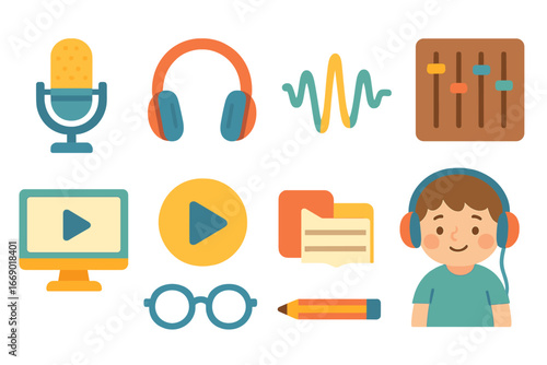 Children's Audio and Proofreading Icons. Flat vector mini-illustrations audio editing in colors children's illustrations: