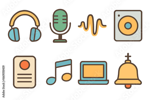 Children's Audio Illustrations. Flat vector mini-illustrations sermon audio in colors children's illustrations: headphones,