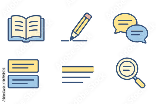Children's Book Tools. Flat vector mini-illustrations paragraph in colors children's illustrations: open book with paragraphs,