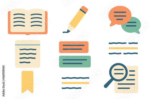 Children's Book Tools. Flat vector mini-illustrations paragraph in colors children's illustrations: open book with paragraphs,
