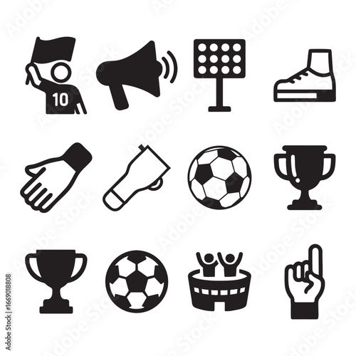Collection of football soccer icons featuring fans megaphones trophies soccer balls stadiums and goalie gloves