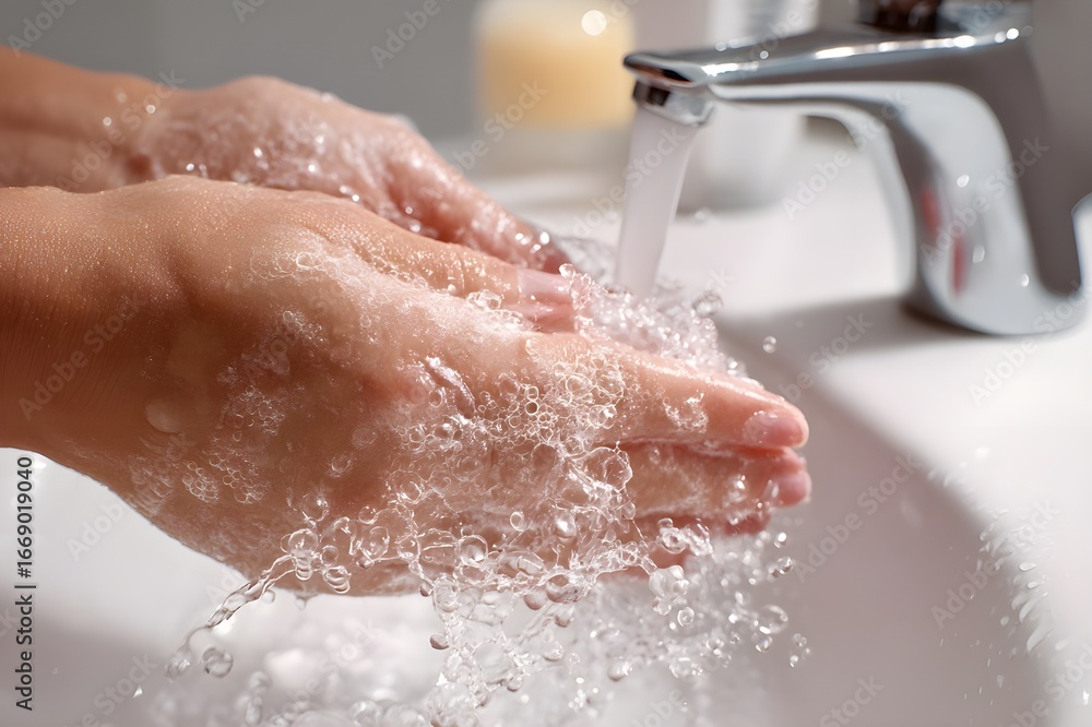 Fototapeta premium Hand washing with soap and water for hygiene and healthcare concept to prevent germs and infections. Hand hygiene. Antibacterial soap.