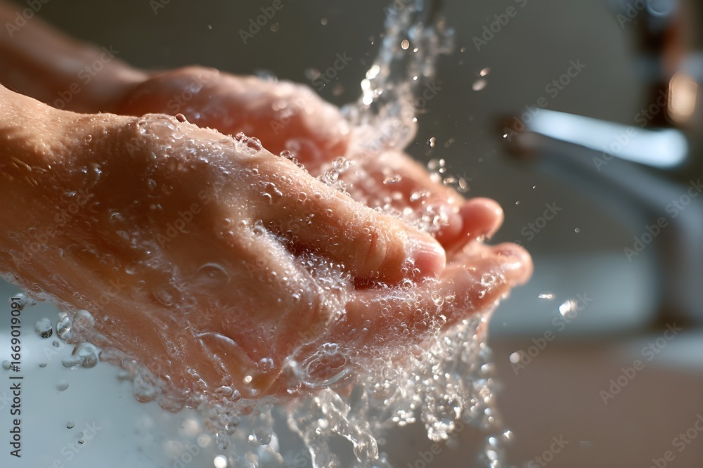 Fototapeta premium Hand washing with soap and water for hygiene and healthcare concept to prevent germs and infections. Hand hygiene. Antibacterial soap. 
