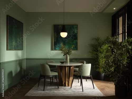 A serene dining area with a...