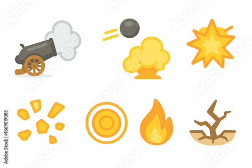 Children's Cannon Illustrations. Flat vector mini-illustrations cannon firing in colors children's illustrations: cannon with