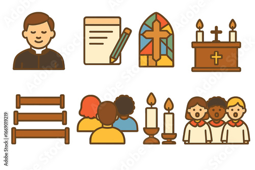 Children's Church Icons. Flat vector mini-illustrations church sermon in colors children's illustrations: pastor, sermon notes,