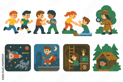 Children's Comic Icons. Flat vector mini-illustrations comic scenes in colors children's illustrations: chase scene, fight scene,