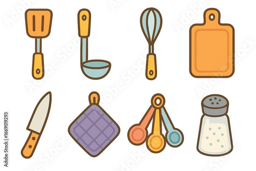 Children's Cooking Utensils. Flat vector mini-illustrations cooking utensils in colors children's illustrations: spatula, ladle,