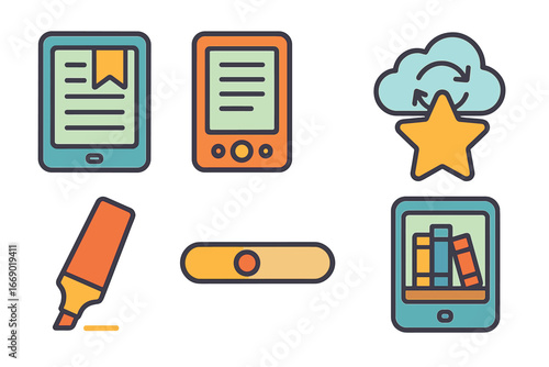 Children's Digital Bookmarks. Flat vector mini-illustrations digital bookmarks in colors children's illustrations: tablet with