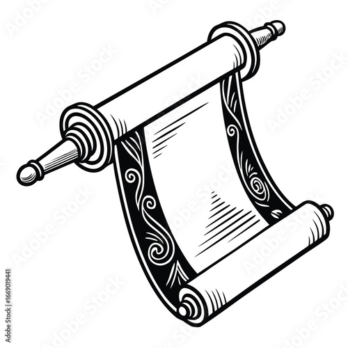Ancient scroll glowing in spiral forest silhouette