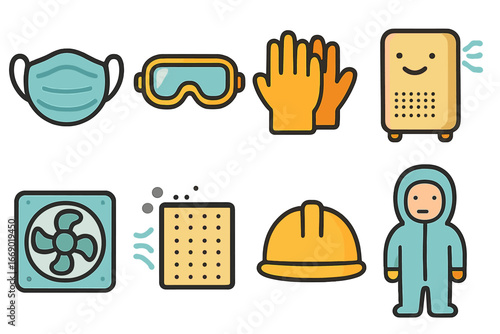 Children's Dust Protection Icons. Flat vector mini-illustrations dust protection in colors children's illustrations: face mask,