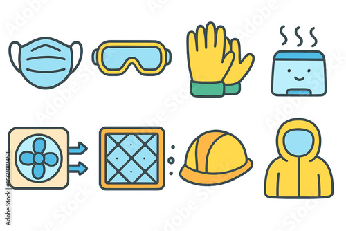 Children's Dust Protection Icons. Flat vector mini-illustrations dust protection in colors children's illustrations: face mask,