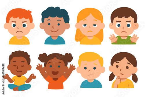 Children's Emotion Icons. Flat vector mini-illustrations test emotions in colors children's illustrations: nervous face, confident