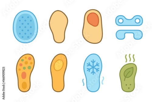 Children's Foot Care Solutions. Flat vector mini-illustrations foot care insoles in colors children's illustrations: gel cushion,