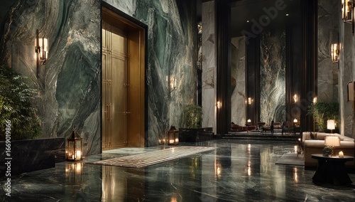 Modern hotel lobby, opulent and serene