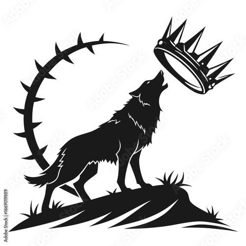 Wolf howling under shattered crown silhouette