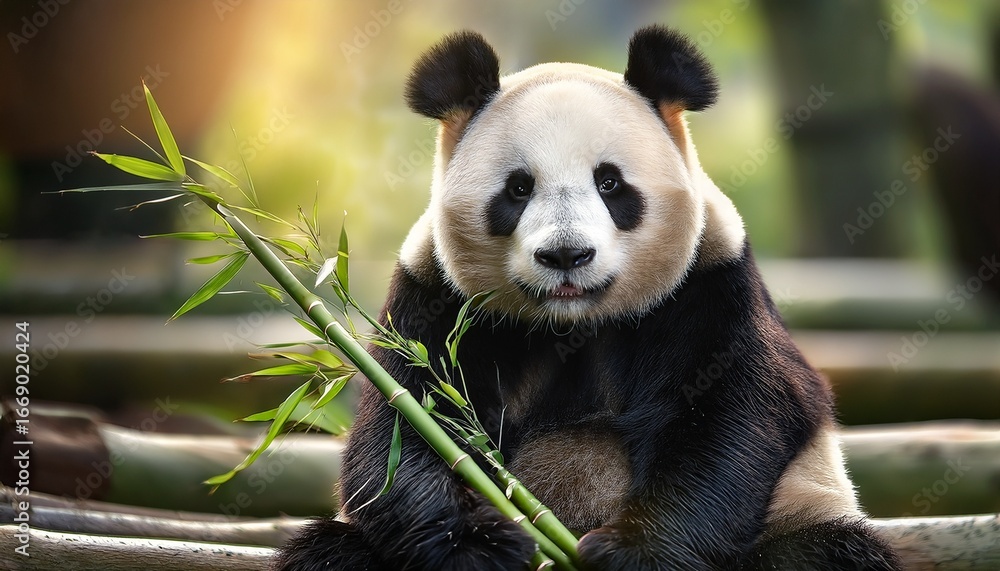 Fototapeta premium a giant panda sitting and holding a bamboo shoot adorable and relaxed posture fluffy black and white fur