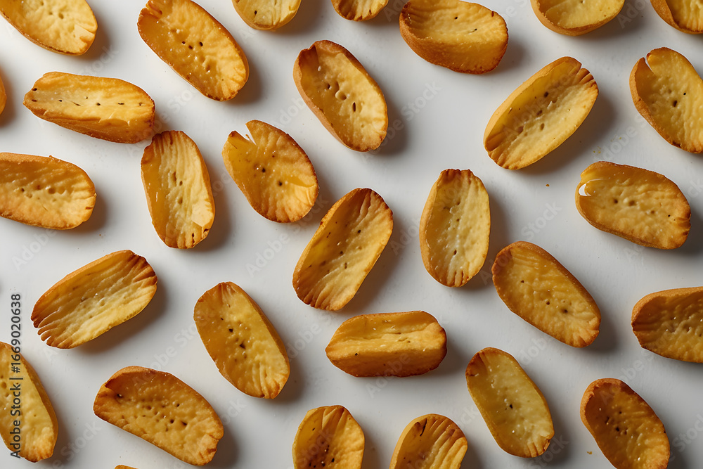 Obraz premium A repetitive pattern of small, oblong-shaped food items, similar to croutons or bread pieces, laid out on a clean white surface. The arrangement is slightly more chaotic and spread out than in the pre