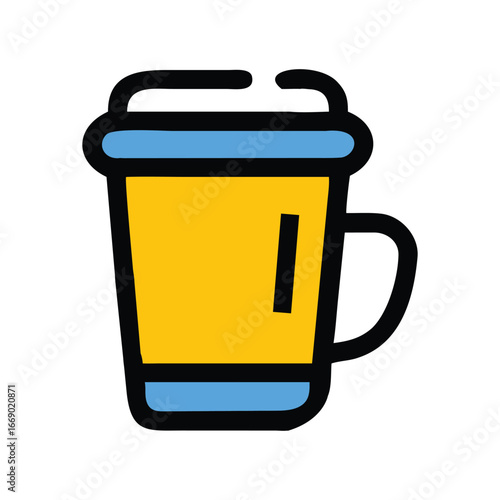 Bright yellow coffee cup icon with blue lid and handle representing hot beverages and morning drinks