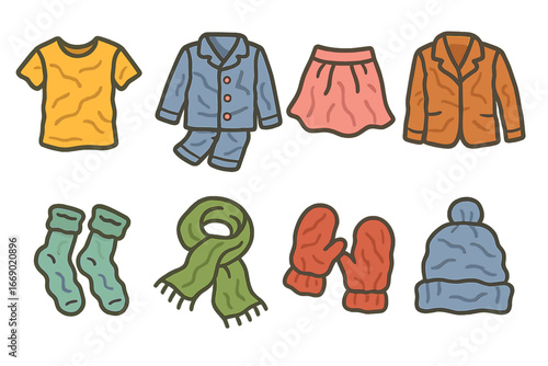 Children's Laundry Illustrations. Flat vector mini-illustrations crumpled clothes in colors children's illustrations: wrinkled