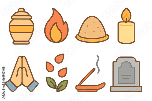 Children's Memorial Icons. Flat vector mini-illustrations cremation in colors children's illustrations: urn, flame, memorial ashes