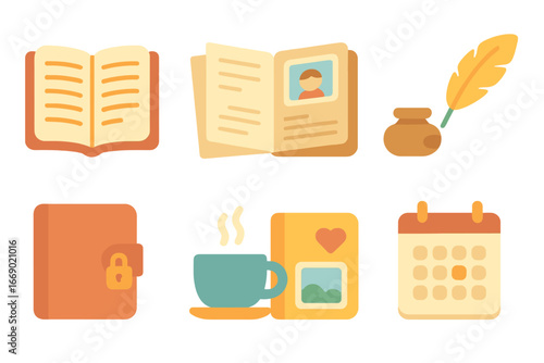 Children's Memoir Icons. Flat vector mini-illustrations memoir in colors children's illustrations: open journal, handwritten