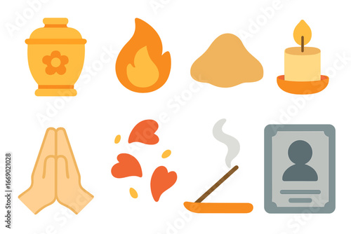 Children's Memorial Icons. Flat vector mini-illustrations cremation in colors children's illustrations: urn, flame, memorial ashes